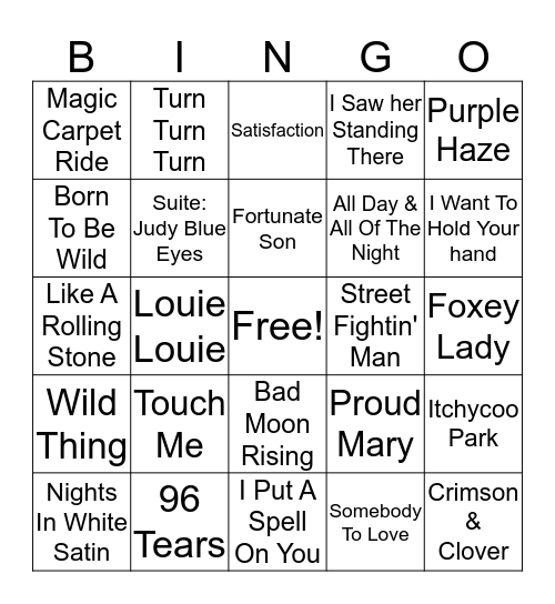 60s Rock Anthems Bingo Card