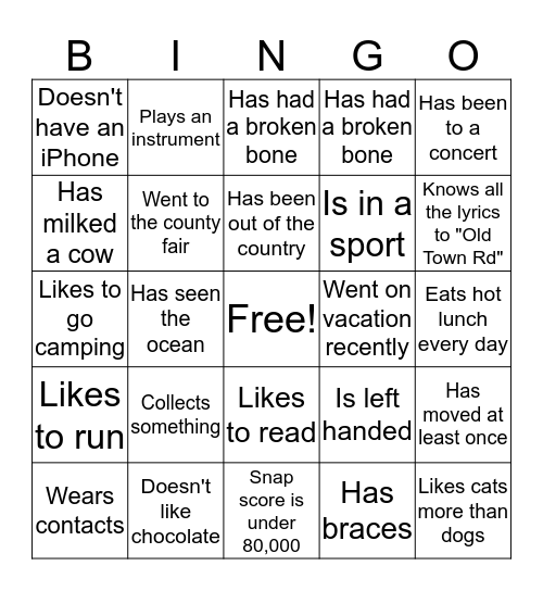 Get To Know You BINGO Card