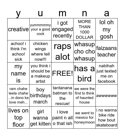 Names Of People I kNOW Bingo Card