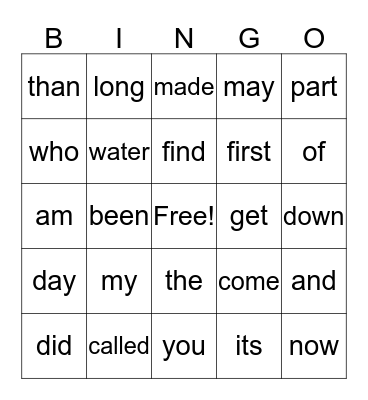 Sight Word Bingo Card