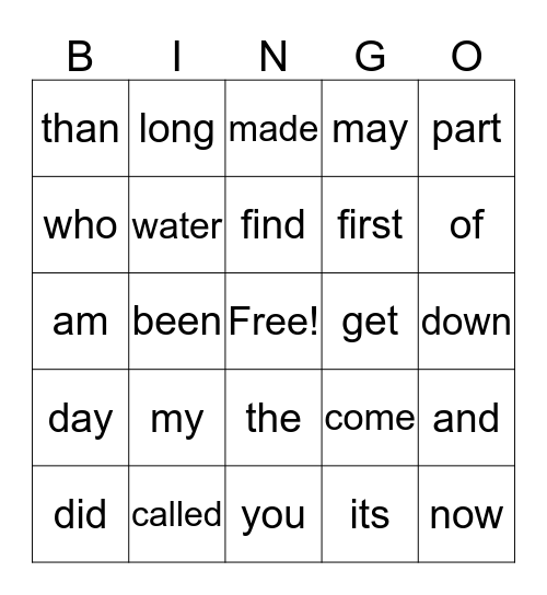 Sight Word Bingo Card