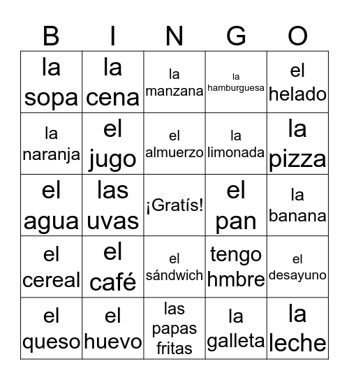 la comida Bingo Card
