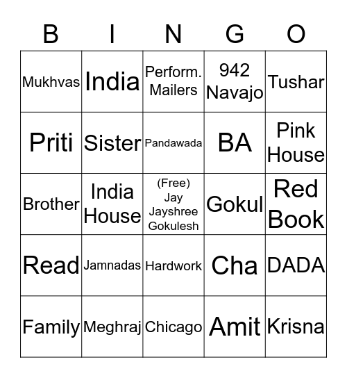 Vasu & Jayanti Bingo Game Bingo Card