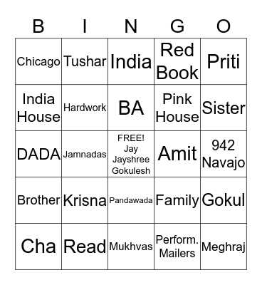 Vasu & Jayanti Bingo Game Bingo Card