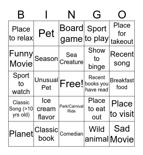 First Day Bingo Card