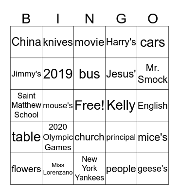 Noun Bingo Card