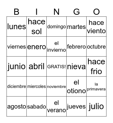 Spanish Dates and Weather Bingo Card