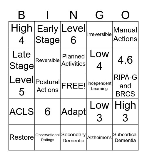 Dementia Bingo Card