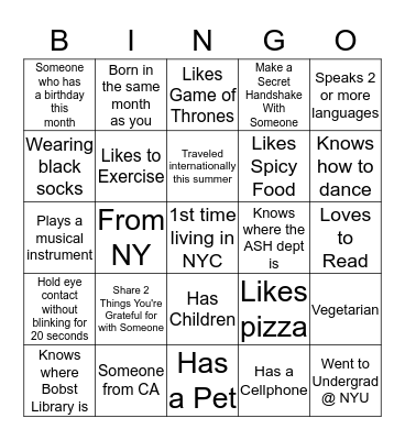 Orientation Bingo Card