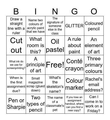 Art Room Orientation Bingo Card