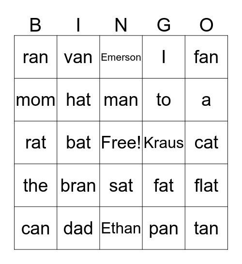 Sight Word Bingo Card