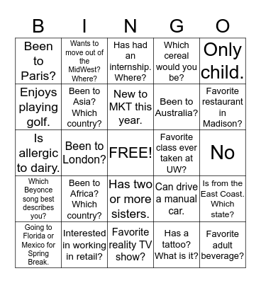 MKT Get to Know your Fellow Members Bingo Card