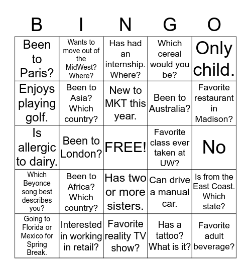 MKT Get to Know your Fellow Members Bingo Card
