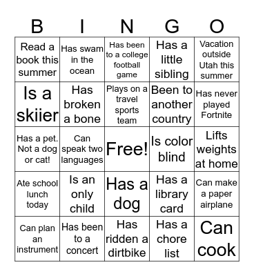 Athletic Movement Bingo Card