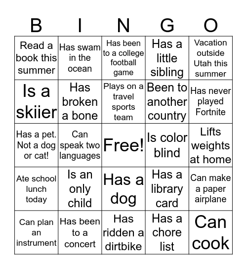 Athletic Movement Bingo Card