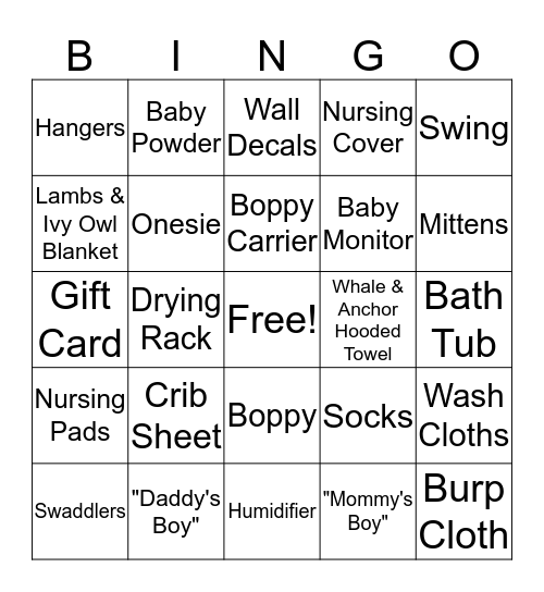 Emily's Baby Shower Bingo Card