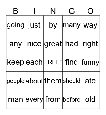 Sight Word Bingo  Bingo Card