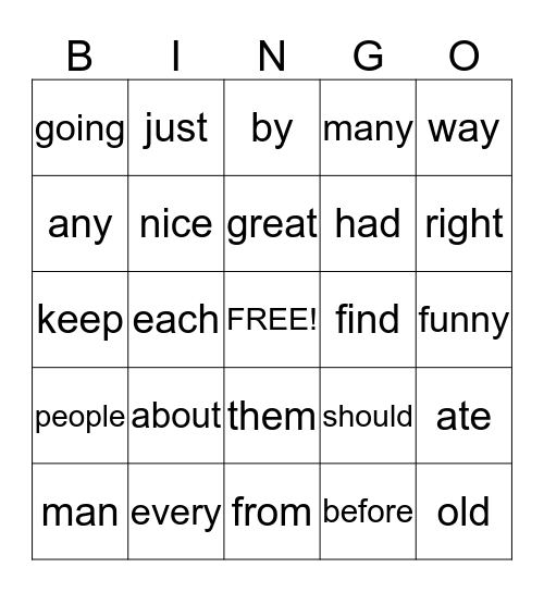 Sight Word Bingo  Bingo Card