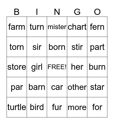 R-Controlled Vowels Bingo Card