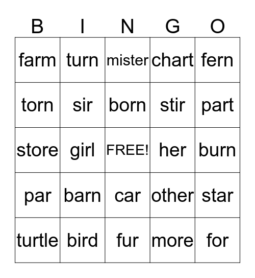 R-Controlled Vowels Bingo Card
