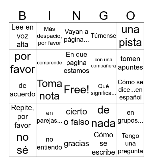 Useful expressions in Spanish Bingo Card