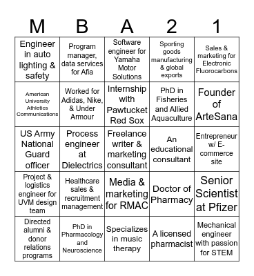 MBA Class of 2021 Bingo Card