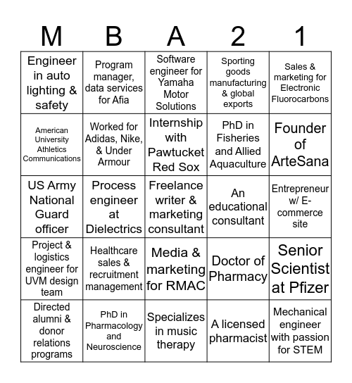MBA Class of 2021 Bingo Card