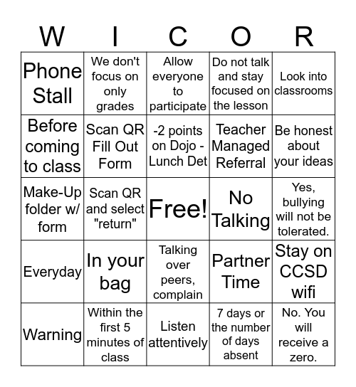 Expectations and Procedures Bingo Card