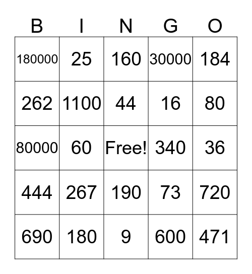 Kopfrechen-Bingo Card