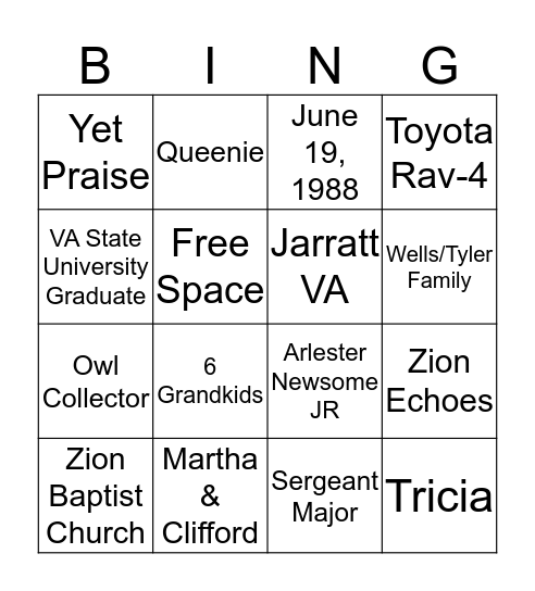 Tricia's Birthday Bingo Card