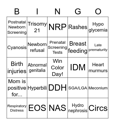 Newborn Nursery Bingo! Bingo Card