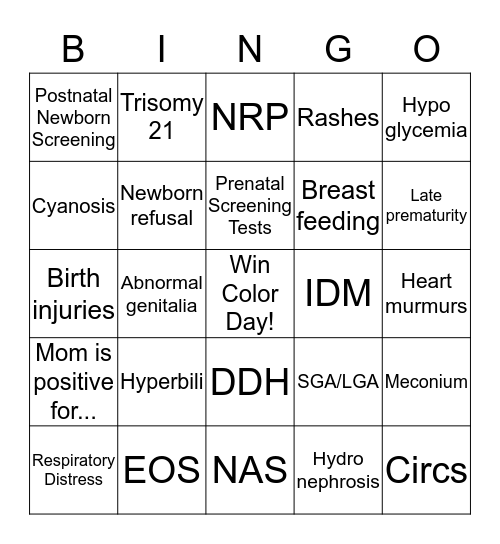 Newborn Nursery Bingo! Bingo Card