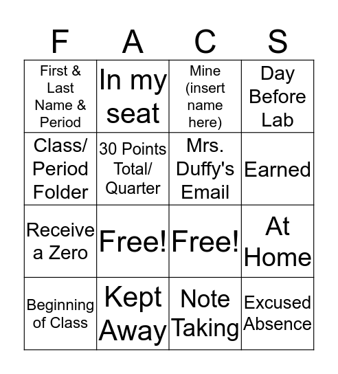 Discovering Foods Syllabus Bingo Card