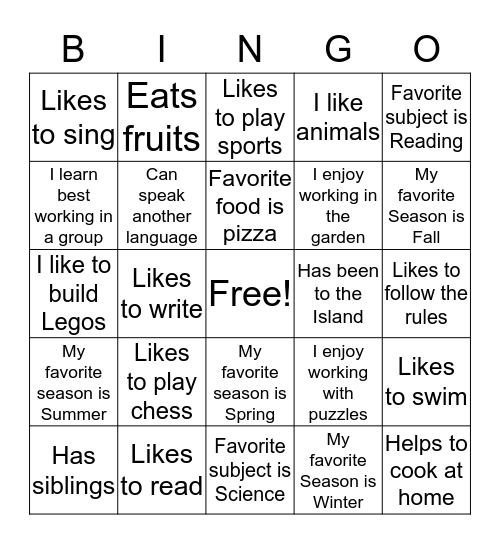 Get To Know YOU Bingo Card