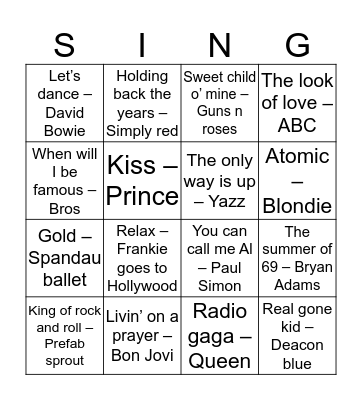 80s SMASH HITS Bingo Card