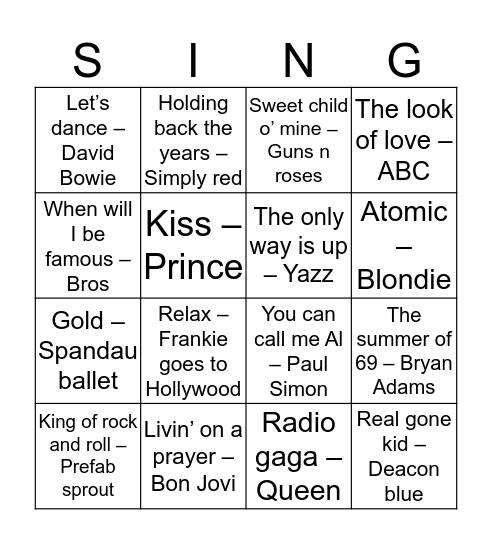 80s SMASH HITS Bingo Card