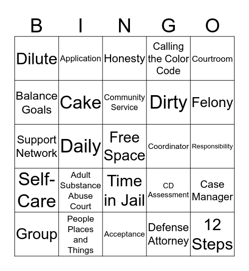 Treatment Court Bingo Card