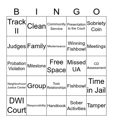 Treatment Court Bingo Card