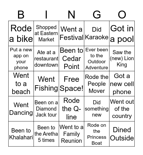Summertime Bingo Card