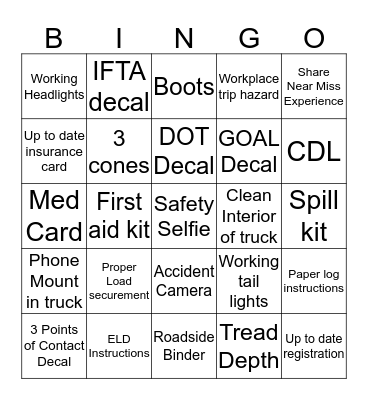 CMC Safety BINGO Card