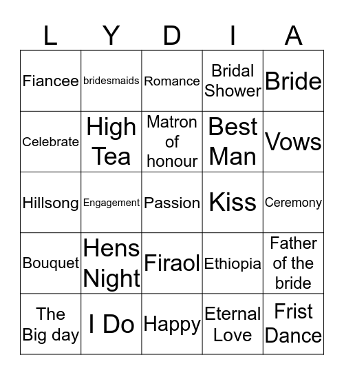 LYDIA'S BRIDAL SHOWER BINGO Card