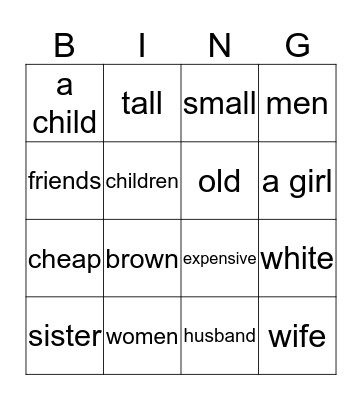 People, family and adjectives Bingo Card