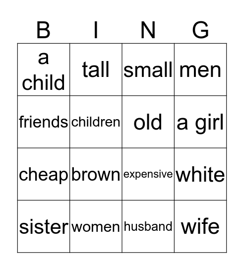 People, family and adjectives Bingo Card