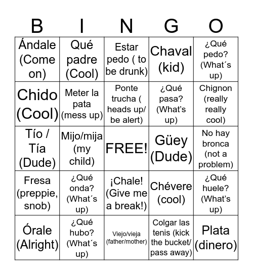 Amplificar el Vocabulario: Slang Bingo Card