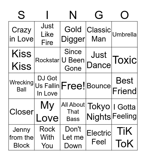 Party Anthems Bingo Card