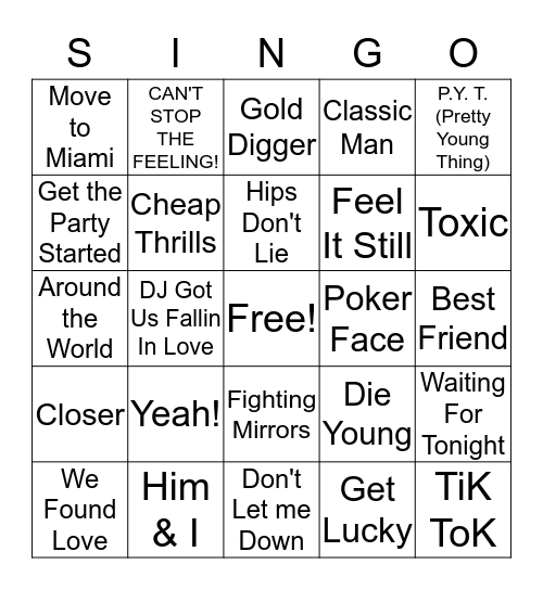 Party Anthems Bingo Card