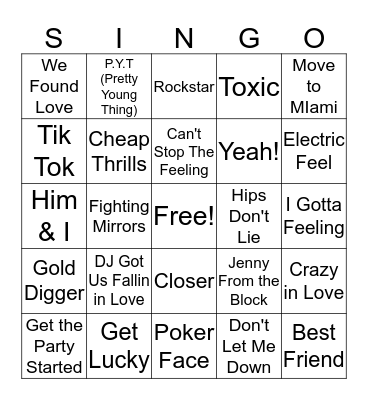 Party Anthems Bingo Card