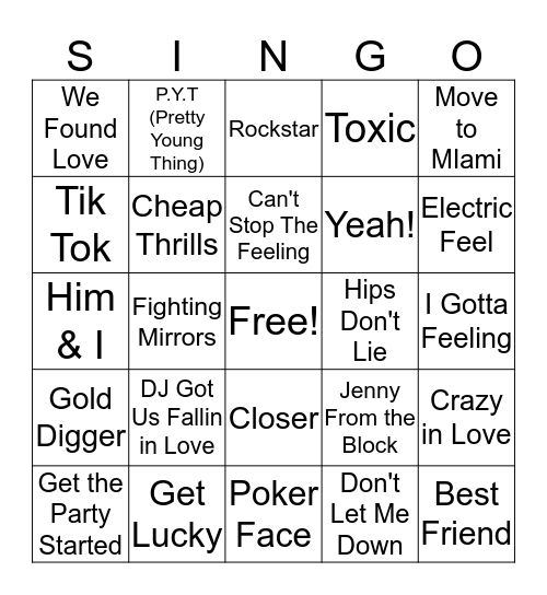 Party Anthems Bingo Card