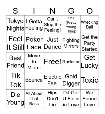 Party Anthems Bingo Card