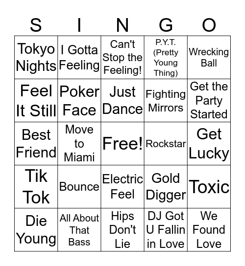 Party Anthems Bingo Card